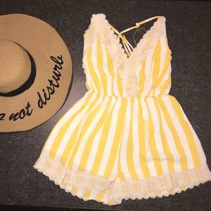 Yellow & White Lace-Trim Striped Romper
